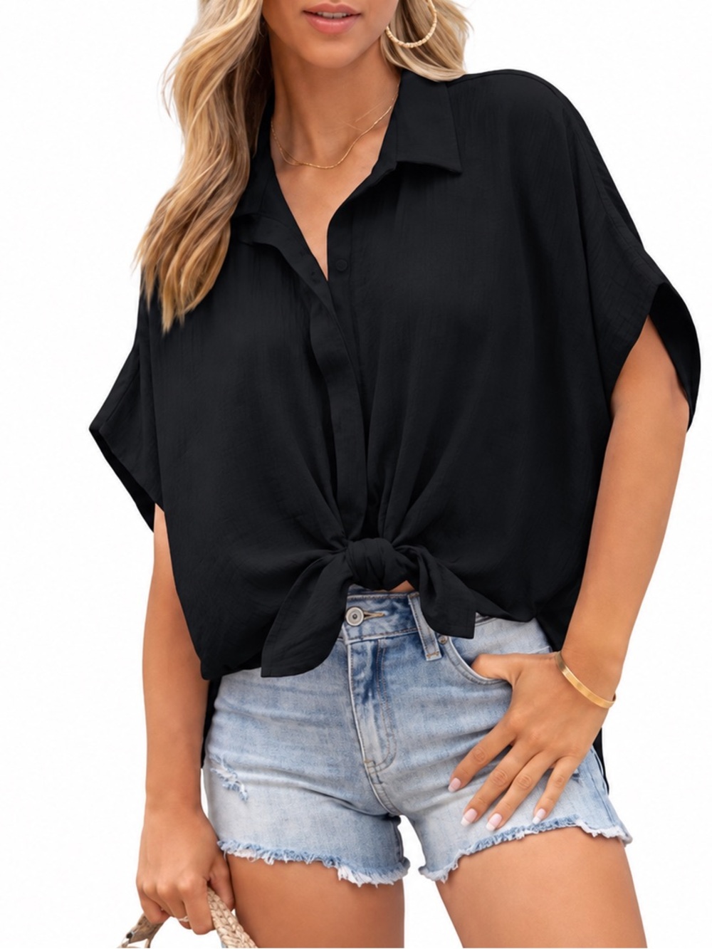 Black Short-Sleeve Tie-Front Women’s Blouse Buttoned Down Top Curve & Plus